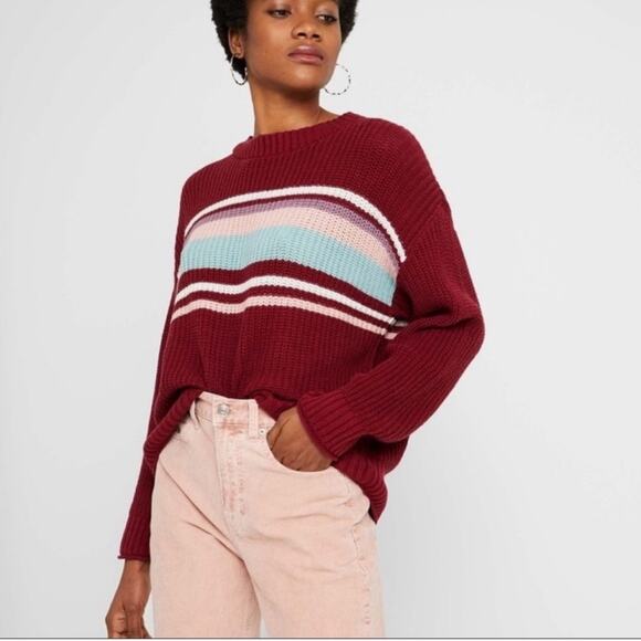 American Eagle Burgundy Striped Sweater Shaker Turquoise Oversized Knit Medium - Picture 1 of 7
